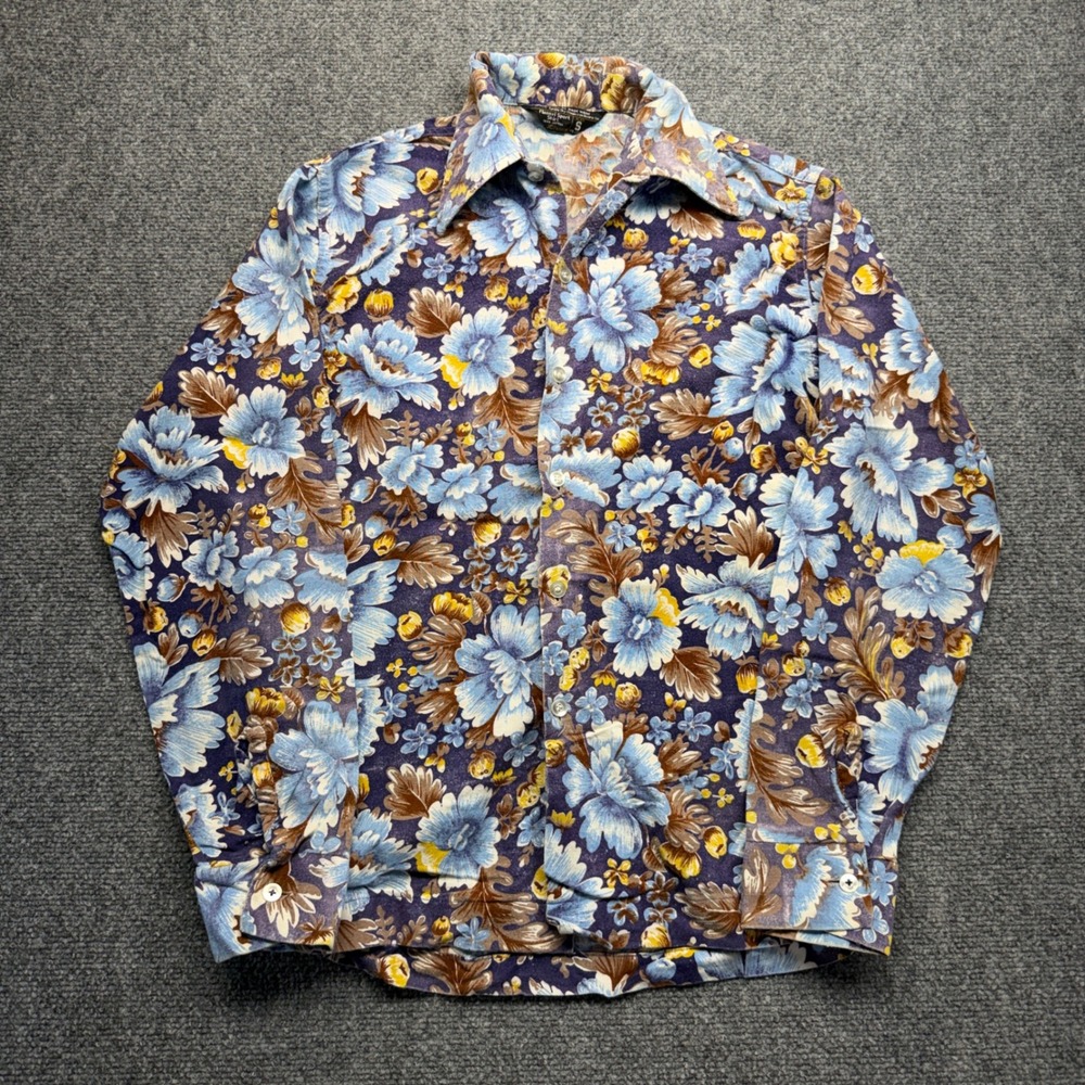 Vintage JCPenney Flannel Sport Shirt Mens Small Blue Floral Cotton Button Up 70s
